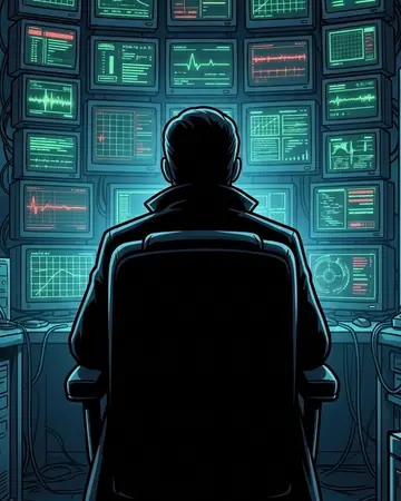 The host: a silhouette in a dark room full of monitors