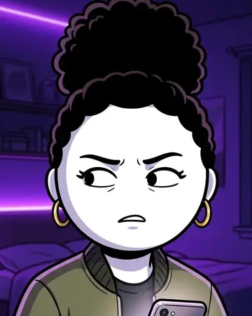 Maya: curly high puff, olive bomber jacket and gold hoops, side-eyeing her phone