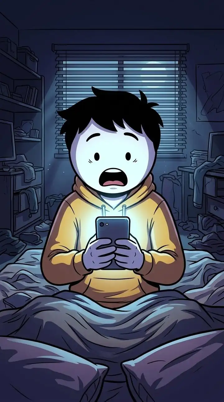 The main character sits up in bed at 2 AM, staring at his phone.